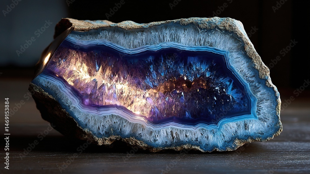 Poster backlit geode slice reveals glittering quartz layer display