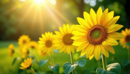 Obraz premium Vibrant sunflowers in full bloom, bathed in sunlight in a picturesque park setting , plants, landscape, beauty