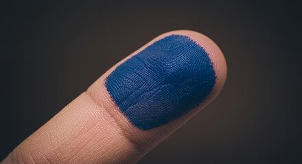 Close-up of a Finger with Blue Ink, Detailed Fingerprint Impression