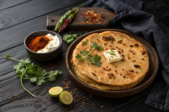Gobi Paratha on Black Wooden Background with Butter, Curd, and Pickle &ndash; Traditional Indian Stuffed Flatbread Photography
