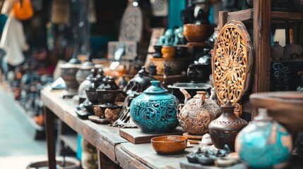 Fototapeta premium Vintage pottery and handcrafted items in traditional artisan shop interior decor culture history antique market scene
