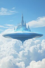 Naklejka premium Floating futuristic castle above clouds in bright blue sky fantasy scene.