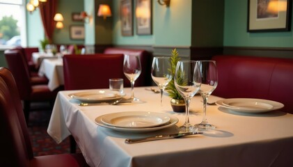 Fototapeta premium A classic diner table setting with plates, cutlery, and glasses , cutlery, drink