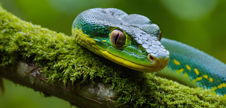 Close-up of a vibrant Green Tree Python resting on a mossy branch in the rainforest, showcasing its striking green scales and calm demeanor.

