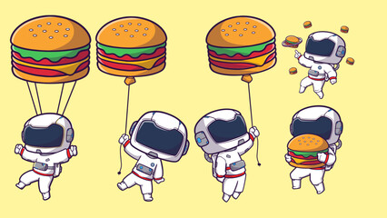 A collection of burger-themed Astronaut characters and accessories for playful food-themed content and marketing