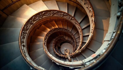 Fototapeta premium A sweeping spiral staircase ascends gracefully, showcasing intricate details and elegant design Light illuminates the curves , wood, white, round