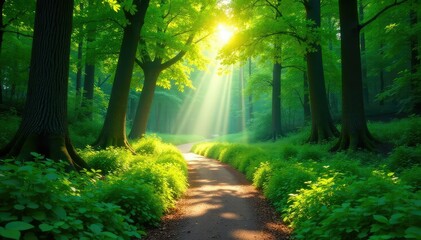 A winding path through a lush forest, sunlight dappling the leaves , outdoor, environment, curve