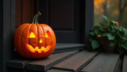 Obraz premium Classic carved jack-o-lantern on a rustic wooden porch Spooky Halloween decoration , rustic background, pumpkin carving, spooky