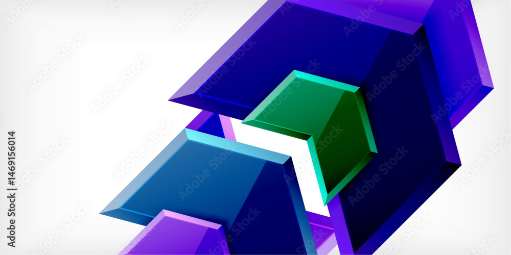 Poster abstract geometric shapes overlap, creating vibrant purple, green, blue composition. glossy surfaces