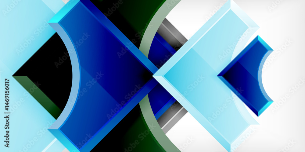 Poster abstract geometric shapes overlap, creating dynamic visual effect. blues, greens, whites contrast ag