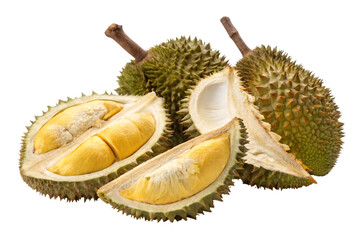 Fototapeta premium Isolated on white, the delicious tropical durian fruit, with its green and yellow hues, appears fresh and exotic