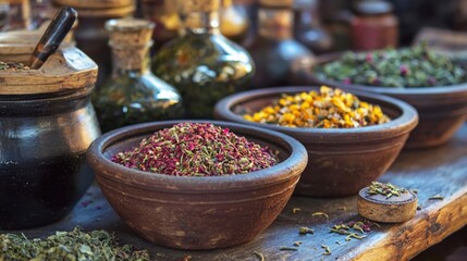 Variety of spices in bowls on rustic wood culinary ingredients colorful herbs gourmet kitchen cooking scene