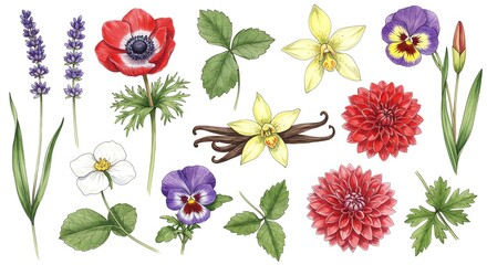 Assorted floral botanical illustration elements