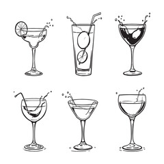 Cocktail Glass with Water Splash Line Art Vector Design
