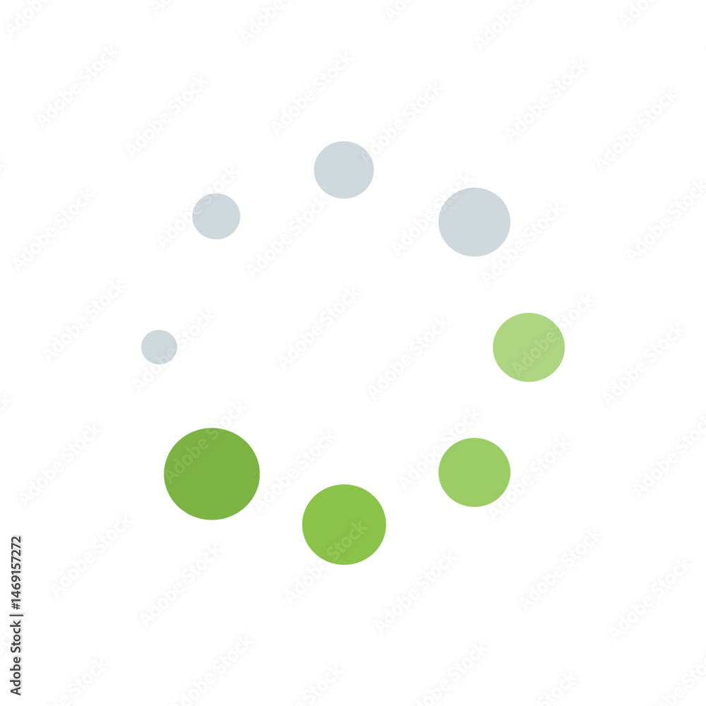 Poster circular arrangement of green and gray dots on a white background creating a loading wheel effect de
