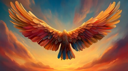 A vibrant, colorful bird in flight, viewed from behind, soars against a dramatic sunset sky  Its large, detailed wings are spread wide