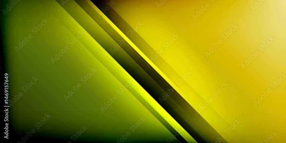 Poster abstract background features diagonal stripes. yellow, green hues blend into black space. modern des