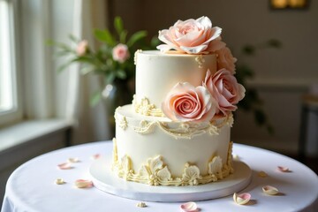 Fototapeta premium Elegant wedding cake with cascading flowers and delicate frosting details on a white table , centerpiece, bridal shower, special occasion