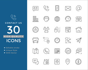 Contact and Communication Line Icons – Chat, Call, Email, Support, Address & Info – Editable Vector Set