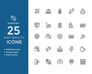 Airport and Travel Line Icons – Airplane, Luggage, Terminal, Passport, Boarding & Navigation – Editable Vector Set