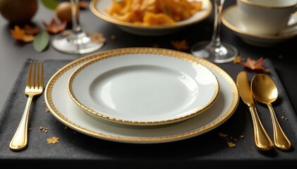 Golden cutlery and plates set on a luxurious table, ready for a fine dining experience , gold, fine dining, occasion