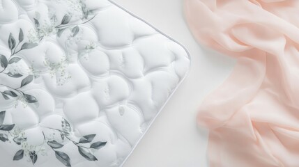 Soft, white mattress with floral print,  a touch of delicate peach