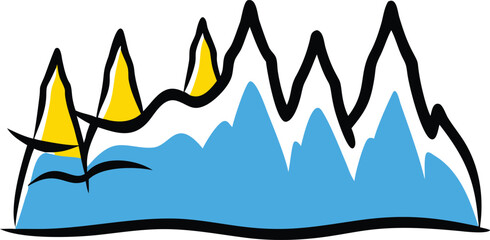 Obraz premium Vector illustration of a winter mountain landscape design with snow-capped peaks and a cold, sunny sky