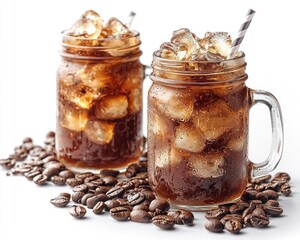 Refreshing iced coffee drinks in mason jars surrounded by coffee beans