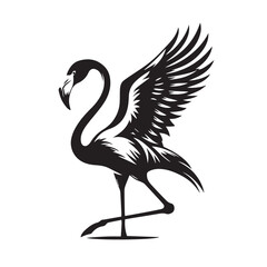 Elegant black and white silhouette of a flamingo with outstretched wing in flight