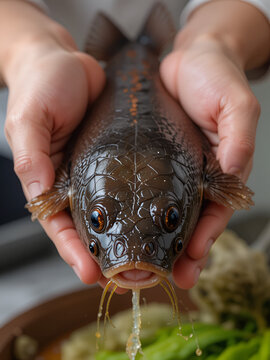Plump snakefish in dark color in the hands of the chef.