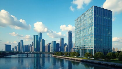 Obraz premium Modern office building exterior, glass facade, city skyline , downtown, office space, perspective