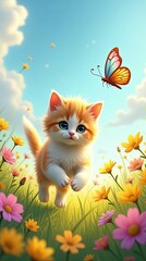 Fototapeta premium Cute kitten running through flowers