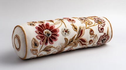 Ornate cylindrical embroidered cushion