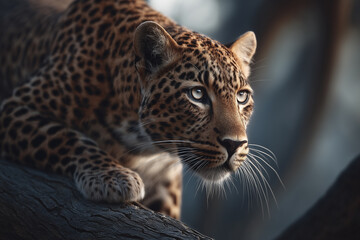 Naklejka premium Powerful leopard crouched on a tree branch with intense gaze and muscular form, highlighted by dramatic lighting and a soft forest backdrop. 