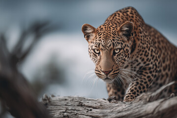 Fototapeta premium Powerful leopard crouched on a tree branch with intense gaze and muscular form, highlighted by dramatic lighting and a soft forest backdrop. 