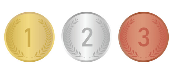 Gold Silver Bronze sports medals and coin, Collection of icons with gold, silver and bronze medals, First, second and third place medals. Award golden, silver and bronze medals, vector illustration,