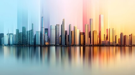 Obraz premium Vibrant Urban Skyline with Abstract Color Gradient Reflections at Sunset