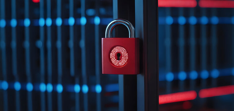 A symbolic image showing a metal padlock secured to a server rack, representing digital data protection, cybersecurity protocols, and modern network security systems.
