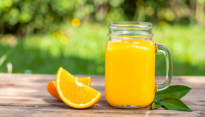 Generated image orange juice in glass mason jar on wooden table outdoors. Summer refreshing drink hyp