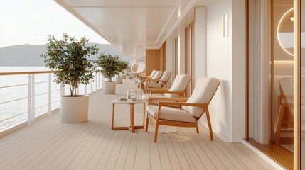 Fototapeta premium Modern Balcony with Comfortable Seating and Scenic Ocean View on a Cruise Ship