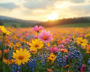 Fototapeta premium Vibrant wildflower meadow at sunset with colorful blooms and serene landscape