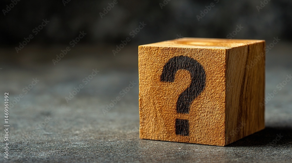 Poster minimalist wooden cube with carved question mark design element