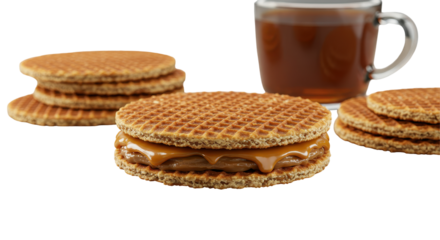 Stacked caramel-filled waffles with tea. isolated on transparent png