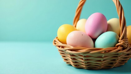 Naklejka premium Vibrant pastel Easter eggs in a basket, showcasing a variety of spring colors , spring holiday, springtime