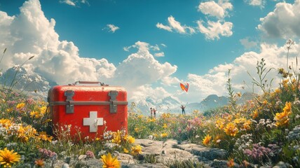 First Aid Kit in Alpine Meadow with Mountain Lake, Kiteboarders, and Wildflowers mountain alpine pet