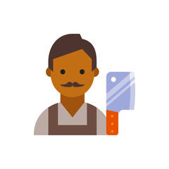 Illustration of a butcher with a mustache wearing an apron and holding a meat cleaver on a white background