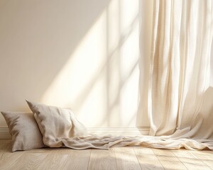 Empty room with pillows and a blanket on a wooden floor sunlight streaming through a window