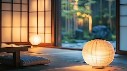 Peaceful japanese interior with warm lighting