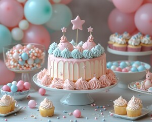 Colorful dessert table featuring a pastel birthday cake with decorations and treats