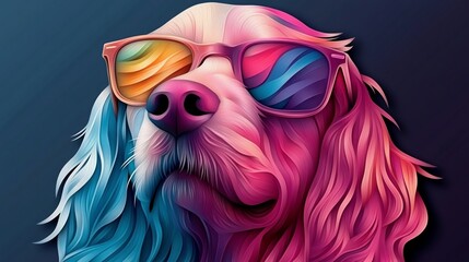 Naklejka premium A vibrant, stylized portrait of a dog wearing colorful sunglasses, its fur depicted in a gradient of pink and blue hues